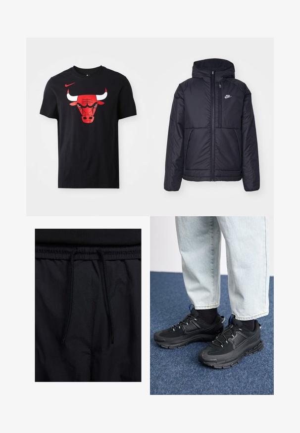 Casaco Nike preto, acolchoado, com fecho à frente e capuz. Apresenta um logo branco no lado esquerdo do peito e dois bolsos frontais. Textura exterior lisa.; T-shirt de algodão preto com um destacado logo do touro vermelho e branco dos Chicago Bulls na frente. Design de mangas curtas e decote redondo.; Calções pretos com um cós elástico ajustável, fabricados em tecido leve com uma textura suave e um design simples, sem logótipos ou padrões visíveis.; Sapatilhas desportivas pretas com tecido texturizado e solas em borracha, apresentando atacadores elásticos e um detalhe azul no calcanhar. Usadas com calças de ganga claras.