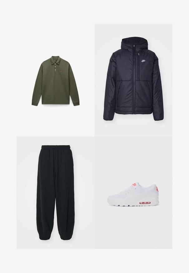 Černá zateplená bunda Nike s předním zipem a kapucí. Na levé straně hrudi má bílé logo a dvojité přední kapsy. Hladký povrch.; Olivově zelená pánská polokošile s dlouhým rukávem vyrobená z bavlny, s tříknoflíkovou légou, vroubkovanými manžetami a malým vyšitým logem na hrudi.; Černé teplákové kalhoty s elastickým pasem, volným střihem, manžetami na kotnících, hladkým povrchem a bez viditelných vzorů či kovových detailů.; Bílé sportovní tenisky s hladkým svrškem, šněrováním, polstrovanou podrážkou a viditelnou vzduchovou jednotkou s červenými akcenty na značce.