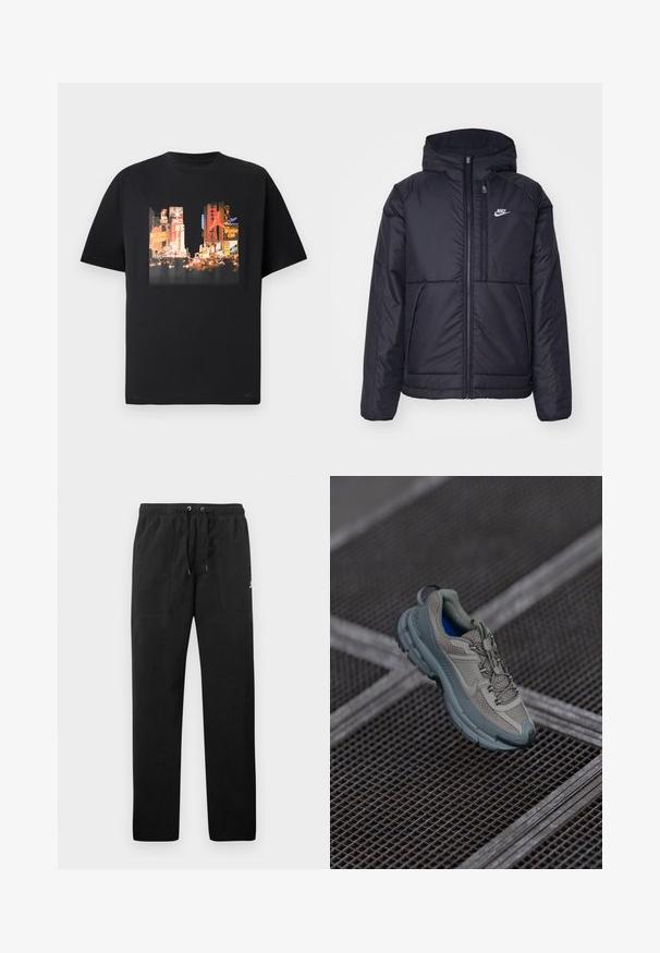 Schwarze, gepolsterte Nike-Jacke mit Frontreißverschluss und Kapuze. Hat ein weißes Logo auf der linken Brust und zwei Fronttaschen. Glattes äußeres Material.; Schwarzes T-Shirt mit einem lebhaften Druck von Times Square, der bunten Werbeanzeigen wie "Michael Jordan" und "Nike" zeigt. Kurzarm, Rundkragen.; Schwarze Sweatpants aus Fleece, mit einem elastischen Bund mit Kordelzug, zwei Fronttaschen und einem kleinen Logo auf dem Oberschenkel.; Beige und graue Sportschuhe mit strukturiertem Mesh-Obermaterial, runder Zehenkappe und Gummisohle, ausgestattet mit Schnürsenkeln und einem gepolsterten Schaft.