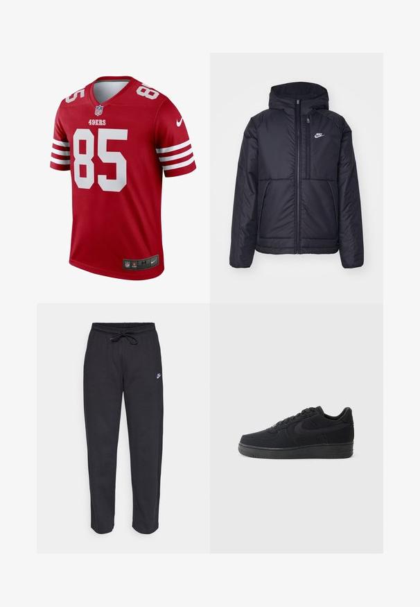 Casaco Nike preto, acolchoado, com fecho à frente e capuz. Apresenta um logo branco no lado esquerdo do peito e dois bolsos frontais. Textura exterior lisa.; Camisa de futebol vermelha com detalhes brancos, mangas curtas e decote em V. Apresenta "49ERS" e "85" em grandes números brancos. Logo da Nike na bainha.; Calças de treino pretas feitas de tecido suave, com faixa elástica na cintura, cordão regulador e um pequeno logótipo da Nike na coxa esquerda.; Sapatilha preta com parte superior em lona e sintético, apresentando um bico arredondado, atacadores planos, colarinho acolchoado e sola de borracha texturizada.