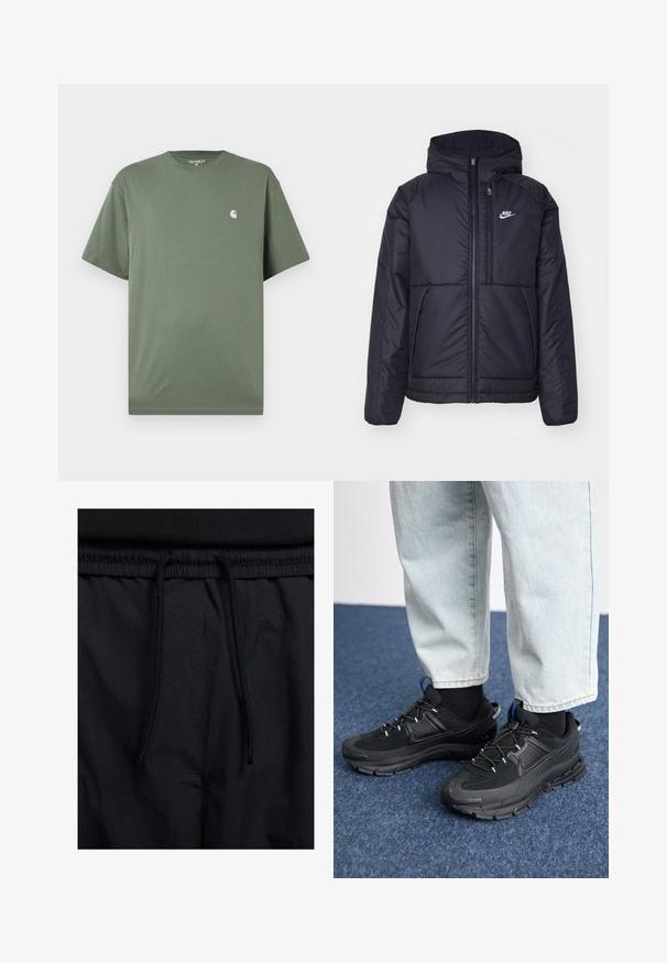 Črna, podložena Nike jakna z sprednjim zadrgo in kapuco. Ima bel logo na levem prsnem delu in dvojna sprednja žepa. Gladka zunanja tekstura.; Zelena bombažna majica s krožnim izrezom, kratkimi rokavi in majhnim belim logotipom na prsih. Gladka tekstura in sproščen kroj.; Črne kratke hlače z vrvico v pasu, lahkotna tkanina z gladko teksturo in preprosto zasnovo brez vidnih logotipov ali vzorcev.; Črne športne čevlje z teksturirano tkanino in gumijastimi podplati, ki imajo elastične vezalke ter modre poudarke na peti. Nosi se z lahkimi denim hlačami.