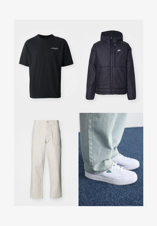 Casaco Nike preto, acolchoado, com fecho à frente e capuz. Apresenta um logo branco no lado esquerdo do peito e dois bolsos frontais. Textura exterior lisa.; Camiseta de algodão preta com decote redondo, mangas curtas, corte descontraído e texto em branco no lado esquerdo do peito. Sem padrões ou detalhes.; Calças largas em bege claro, feitas de algodão. Apresentam bolsos frontais e fecho com botão. Textura suave com linhas verticais subtis.; Tênis de couro brancos com logo verde da Nike, bico redondo, sola plana, combinados com calças de denim azul claro, exibidos sobre um tapete azul.
