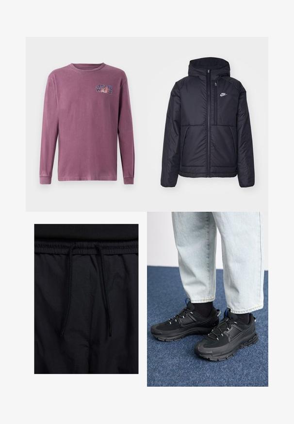 Zwarte, gewatteerde Nike-jas met een voorkant met ritssluiting en capuchon. Kenmerkt zich door een wit logo op de linkerborst en dubbele frontzakken. Gladde buitenkant.; Langsleeve, ronde hals t-shirt in vervaagd paarse katoen met een "Star Wars" logo in kleurrijk ontwerp op de linkerborst gedrukt.; Zwarte shorts met een drawstring tailleband, lichtgewicht stof met een zachte textuur en een eenvoudig ontwerp zonder zichtbare logo's of patronen.; Zwarte sportschoenen met gestructureerde stof en rubberen zolen, met elastische veters en een blauwe accent op de hiel. Draag samen met lichte spijkerbroeken.