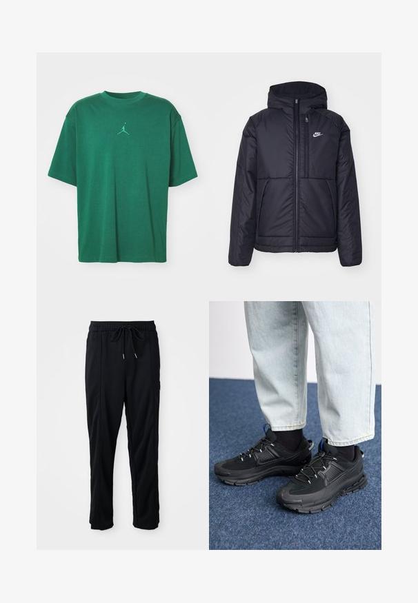 Black, padded Nike jacket with a front zipper and hood. Features a white logo on the left chest and dual front pockets. Smooth exterior texture.; Green cotton T-shirt with a relaxed fit, featuring a small embroidered Jumpman logo in matching green on the chest. Short sleeves.; Black drawstring waist casual pants with side seam pockets and straight leg cut on a plain background.; Black athletic shoes with textured fabric and rubber soles, featuring elastic laces and a blue accent on the heel. Worn with light denim pants.