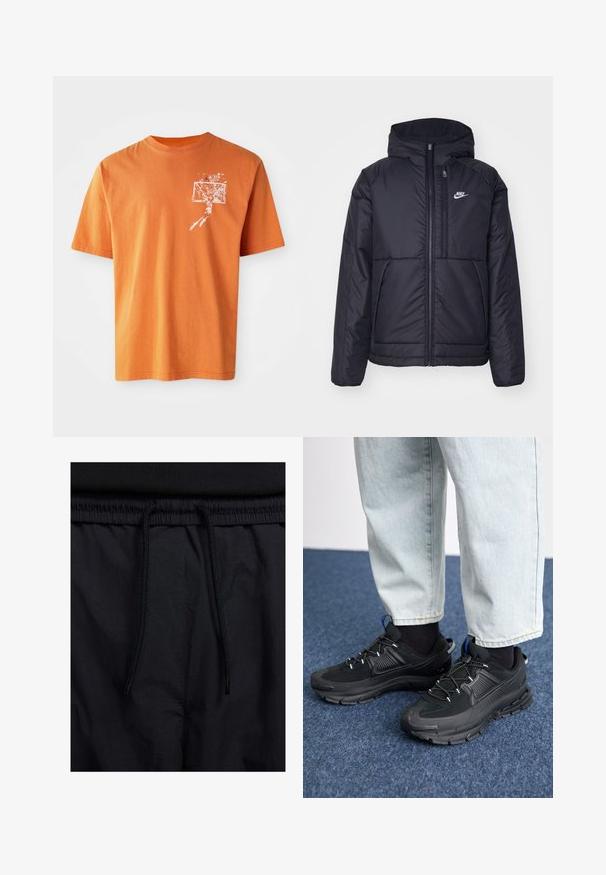 Juodas, paminkštintas Nike džemperis su priekyje užtrauktuku ir gobtuvu. Pasižymi balta logo kairėje krūtinės pusėje ir dviem priekinėmis kišenėmis. Su lygiu išoriniu paviršiumi.; Oranžinė medvilninė marškinė su trumpomis rankovėmis, su balta grafika, vaizduojančia krepšininką ir krepšį kairėje krūtinės pusėje.; Juodos šortai su raišteliu juosmens srityje, lengva medžiaga su lygiu paviršiumi ir paprastas dizainas be matomų logotipų ar raštų.; Juodi sportiniai bateliai su tekstūruota medžiaga ir guminiais padais, su elastingomis raišteliais ir mėlynu akcentu ant kulno. Dėvimi su šviesiai mėlynomis džinsinėmis kelnėmis.