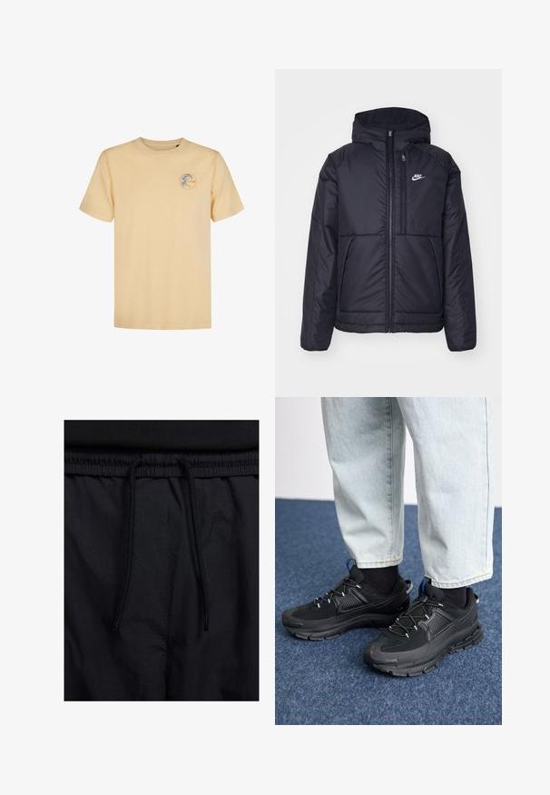 Schwarze, gepolsterte Nike-Jacke mit Frontreißverschluss und Kapuze. Hat ein weißes Logo auf der linken Brust und zwei Fronttaschen. Glattes äußeres Material.; Hellgelbes Baumwoll-T-Shirt mit Rundhalsausschnitt. Hat ein rundes Logo in Blau und Orange auf der linken Brust. Kurze Ärmel.; Schwarze Shorts mit einem Kordelzugbund, leichtem Stoff mit glatter Textur und einem schlichten Design ohne sichtbare Logos oder Muster.; Schwarze Sportschuhe aus strukturiertem Stoff mit Gummisohlen, ausgestattet mit elastischen Schnürsenkeln und einem blauen Akzent an der Ferse. Getragen mit hellen Jeans.