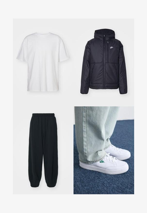 Fekete, párnázott Nike dzseki elülső cipzárral és kapucnival. A bal mellen fehér logó található, valamint két elülső zseb. Simának tűnő külső felület.; Carhartt WIP DUSTER SCRIPT - Basic póló - white; Fekete, rugalmas derékpántos melegítőnadrág, laza fit, véget érő szárakkal, sima textúrával, látható minták vagy hardver díszek nélkül.; Fehér bőr sportcipők zöld Nike logóval, kerek orral, lapos talppal, világoskék farmernadrággal párosítva, kék szőnyegen bemutatva.
