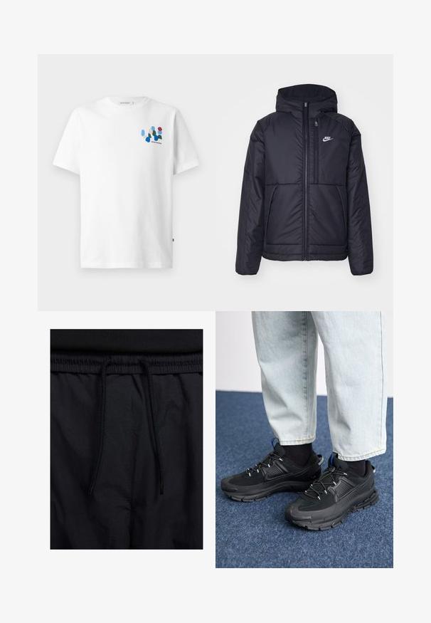 Casaco Nike preto, acolchoado, com fecho à frente e capuz. Apresenta um logo branco no lado esquerdo do peito e dois bolsos frontais. Textura exterior lisa.; T-shirt de algodão branca com um design abstracto colorido no lado esquerdo do peito, apresentando formas em azul, verde, vermelho e pêssego. Mangas curtas e gola redonda.; Calções pretos com um cós elástico ajustável, fabricados em tecido leve com uma textura suave e um design simples, sem logótipos ou padrões visíveis.; Sapatilhas desportivas pretas com tecido texturizado e solas em borracha, apresentando atacadores elásticos e um detalhe azul no calcanhar. Usadas com calças de ganga claras.
