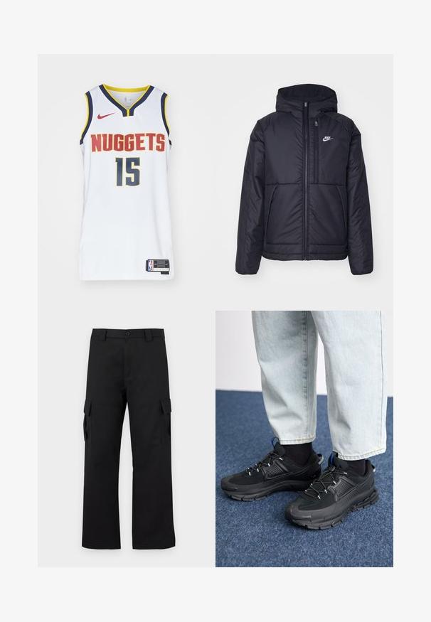 Fekete, párnázott Nike dzseki elülső cipzárral és kapucnival. A bal mellen fehér logó található, valamint két elülső zseb. Simának tűnő külső felület.; Fehér kosárlabda mez, amelyen a "NUGGETS" felirat piros és kék színben, a 15-ös szám szürkében, sárga kiegészítőkkel és Nike logóval látható. Hálós szövet textúra.; Fekete cargo nadrág egyenes szárú kialakítással. Tartós anyagból készült, két oldalzsebbel, tépőzáras fedéllel és gombos zipzárral.; Fekete sportcipők texturált anyaggal és gumitalppal, elasztikus fűzőkkel és kék kiegészítővel a saroknál. Világos farmernadrággal viselve.