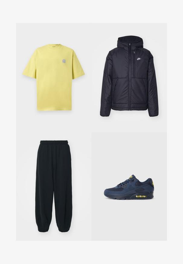 Crna Nike jakna s podstavom, dugmadi sprijeda i kapuljačom. Ima bijeli logotip na lijevoj strani prsnog koša i dva prednja džepa. Glatka vanjska tekstura.; Majica od limun žutog pamuka s kratkim rukavima, okruglim izrezom i malim plavim logom na lijevoj sisi. Mekana tekstura, opušteni kroj.; Crne, dukserice s elastičnim strukom, širokog kroja, s manžetama na gležnjevima, glatke teksture i bez vidljivih uzoraka ili metalnih detalja.; Tamno plavi Nike Air Max tenisice s gornjim dijelom od antilopa i mrežice, s žutim akcentima, vezanjem sprijeda i vidljivim zračnim jastučićima u potplatu.