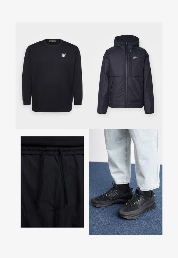 Casaco Nike preto, acolchoado, com fecho à frente e capuz. Apresenta um logo branco no lado esquerdo do peito e dois bolsos frontais. Textura exterior lisa.; Camisola de manga longa preta em algodão, com um logo bordado branco no peito, gola canelada e punhos.; Calções pretos com um cós elástico ajustável, fabricados em tecido leve com uma textura suave e um design simples, sem logótipos ou padrões visíveis.; Sapatilhas desportivas pretas com tecido texturizado e solas em borracha, apresentando atacadores elásticos e um detalhe azul no calcanhar. Usadas com calças de ganga claras.