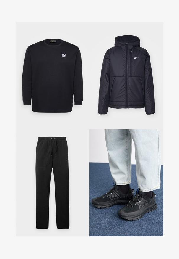 Casaco Nike preto, acolchoado, com fecho à frente e capuz. Apresenta um logo branco no lado esquerdo do peito e dois bolsos frontais. Textura exterior lisa.; Camisola de manga longa preta em algodão, com um logo bordado branco no peito, gola canelada e punhos.; Calças de fato de treino pretas feitas de polar, com uma cintura elástica e cordões, dois bolsos frontais e um pequeno logótipo na coxa.; Sapatilhas desportivas pretas com tecido texturizado e solas em borracha, apresentando atacadores elásticos e um detalhe azul no calcanhar. Usadas com calças de ganga claras.