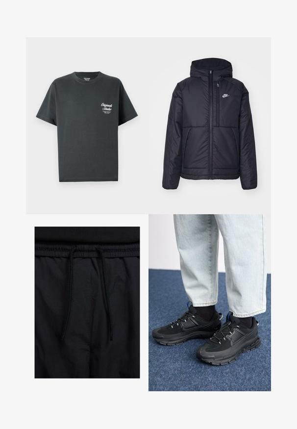 Black, padded Nike jacket with a front zipper and hood. Features a white logo on the left chest and dual front pockets. Smooth exterior texture.; Dark gray cotton t-shirt with a round neck, short sleeves, and a white script logo on the left chest area. Simple, unembellished design.; Black shorts featuring a drawstring waistband, lightweight fabric with a smooth texture, and a simple design without visible logos or patterns.; Black athletic shoes with textured fabric and rubber soles, featuring elastic laces and a blue accent on the heel. Worn with light denim pants.