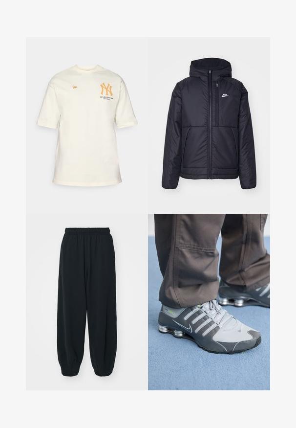 Svart, polstret Nike-jakke med frontglidelås og hette. Har en hvit logo på venstre bryst og doble frontlommer. Glatt ytterside.; Kremfarget bomull T-skjorte med korte ermer, med en oransje NY-logo og teksten "Etablert 1903 THE BRONX" trykket på fronten.; Sorte, joggebukser med elastisk liv, løs passform, mansjetter på ankler, glatt tekstur og uten synlige mønstre eller hardware-detaljer.; Grå og sølv Nike Shox-sneakers har et slankt design, med mesh- og syntetiske materialer, en rund tå og en polstret krage.