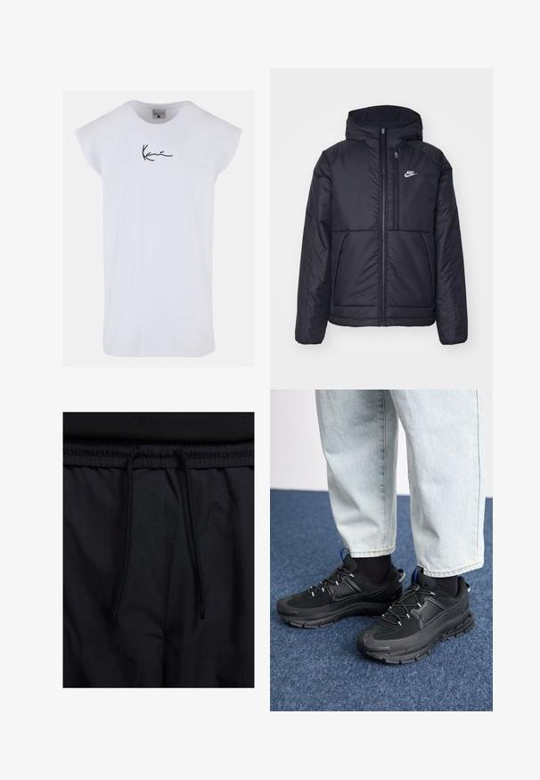 Svart, vadderad Nike-jacka med dragkedja framtill och huva. Har en vit logotyp på vänster bröst och dubbla framfickor. Slät yttextur.; Karl Kani SMALL SIGNATURE TEE - Linne - white; Svarta shorts med dragsko i midjan, lättviktig tyg med en slät yta och en enkel design utan synliga logotyper eller mönster.; Svarta sportskor med texturerat tyg och gummisulor, med elastiska snörningar och en blå detalj på hälen. Bärs med ljusa jeans.