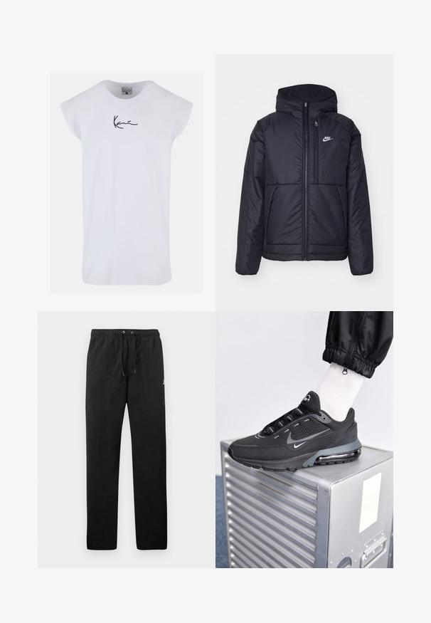 Zwarte, gewatteerde Nike-jas met een voorkant met ritssluiting en capuchon. Kenmerkt zich door een wit logo op de linkerborst en dubbele frontzakken. Gladde buitenkant.; Karl Kani SMALL SIGNATURE TEE - Top - white; Zwarte sweatpants van fleece, met een elastische tailleband met trekkoorden, twee voorzakken en een klein logo op de dij.; Nike Sportswear PULSE - Sneakers laag - black/anthracite