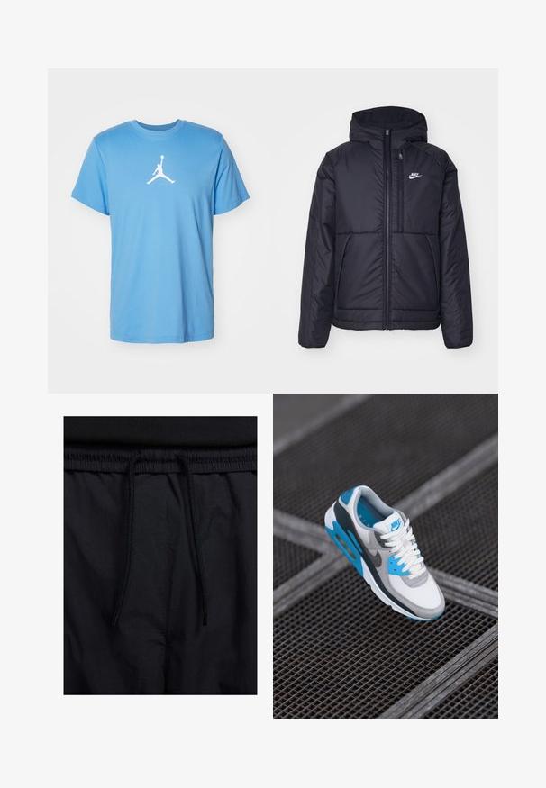 Svart, polstret Nike-jakke med frontglidelås og hette. Har en hvit logo på venstre bryst og doble frontlommer. Glatt ytterside.; Jordan JUMPMAN SHORT SLEEVE CREW - T-skjorte til trening - legend blue/white; Sorte shorts med snor i livet, lett stoff med en jevn tekstur, og et enkelt design uten synlige logoer eller mønstre.; Nike Air Max 90-sneaker med hvit mesh-overdel, grå semsket skinndetaljer, lyseblå høydepunkter og en synlig luftdemping.