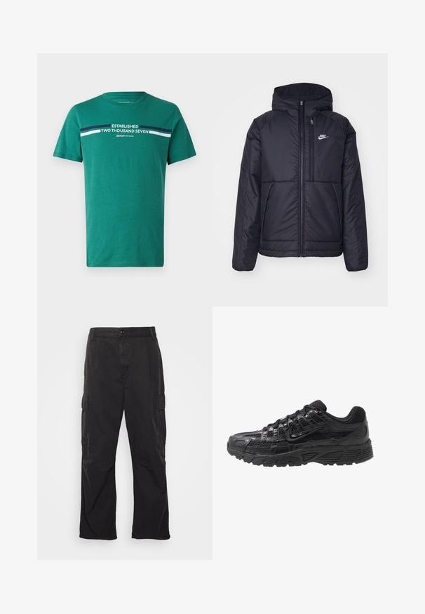 Must musta Nike jope, millel on ees lukuga avamine ja kapuuts. Vasakpoolne rind on kaunistatud valge logoga ning ees on kaks taskut. Sile välimine tekstuur.; Roheline puuvillane T-särk ümmarguse kaelusega, millel on valged kirjad "ASUTATUD KAKS TUHAT SEITSE" ning kaks horisontaalset triipu, üks tumesinine ja teine valge.; Mustad cargo püksid sirge jala disainiga, millel on kaks külgtaskut, nööpkinnitus ja tekstuuriga kangas.; Musthave tumejalanike, millel on võrk- ja sünteetiline ülemine osa, tekstuurne pind, nööriga kinnitamine ja mustriline kummist tall, mis tagab haarde.