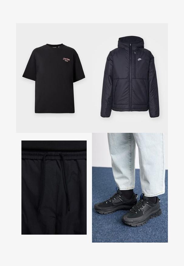 Casaco Nike preto, acolchoado, com fecho à frente e capuz. Apresenta um logo branco no lado esquerdo do peito e dois bolsos frontais. Textura exterior lisa.; T-shirt de algodão preto com um ajuste descontraído, mangas curtas e um logo bordado vermelho na área do peito esquerdo. Textura suave, design de gola redonda.; Calções pretos com um cós elástico ajustável, fabricados em tecido leve com uma textura suave e um design simples, sem logótipos ou padrões visíveis.; Sapatilhas desportivas pretas com tecido texturizado e solas em borracha, apresentando atacadores elásticos e um detalhe azul no calcanhar. Usadas com calças de ganga claras.