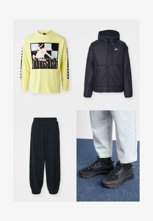 Giacca Nike nera, imbottita, con zip frontale e cappuccio. Presenta un logo bianco sul lato sinistro del petto e doppie tasche frontali. Texture esterna liscia.; Maglietta a maniche lunghe in cotone giallo brillante con una grande grafica nera che raffigura un cow-boy rosa su un cavallo e motivi a scacchi sulle maniche.; Pantaloni da jogging neri con vita elasticizzata, dalla vestibilità morbida, caviglie a costina, texture liscia e senza motivi visibili o dettagli in metallo.; Scarpe sportive nere con tessuto testurizzato e suole in gomma, dotate di lacci elastici e un accento blu sul tallone. Indossate con pantaloni in denim chiaro.