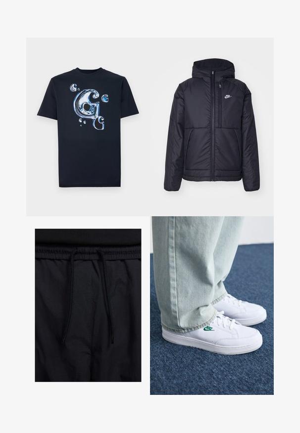 Μαύρο, επενδυμένο μπουφάν Nike με μπροστινό φερμουάρ και κουκούλα. Διαθέτει λευκό λογότυπο στο αριστερό στήθος και διπλές μπροστινές τσέπες. Λείο εξωτερικό υλικό.; Μαύρο βαμβακερό T-shirt με γυαλιστερό, μεταλλικής απεικόνισης γράμμα "G" και φυσαλίδες σε αποχρώσεις του μπλε. Κοντά μανίκια με κλασική γραμμή.; Μαύρο σορτσάκι με ζωνάκι που ρυθμίζεται, ελαφρύ ύφασμα με απλή υφή και απλό σχέδιο χωρίς ορατά λογότυπα ή μοτίβα.; Λευκά δερμάτινα sneakers με πράσινο λογότυπο Nike, στρογγυλή μύτη, επίπεδη σόλα, συνδυασμένα με ανοιχτό μπλε τζην παντελόνι, τοποθετημένα σε μπλε χαλί.