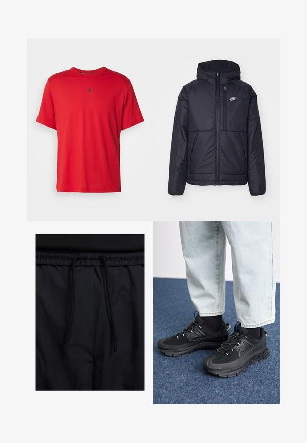 Svart, polstret Nike-jakke med frontglidelås og hette. Har en hvit logo på venstre bryst og doble frontlommer. Glatt ytterside.; Rød bomull T-skjorte med kortermet, rund hals og en liten svart Jordan-logo på brystet, med rett nederkant.; Sorte shorts med snor i livet, lett stoff med en jevn tekstur, og et enkelt design uten synlige logoer eller mønstre.; Svarte sportssko med teksturert stoff og gummisåler, med elastiske lisser og en blå detalj på hælen. Brukt med lyse denimbukser.