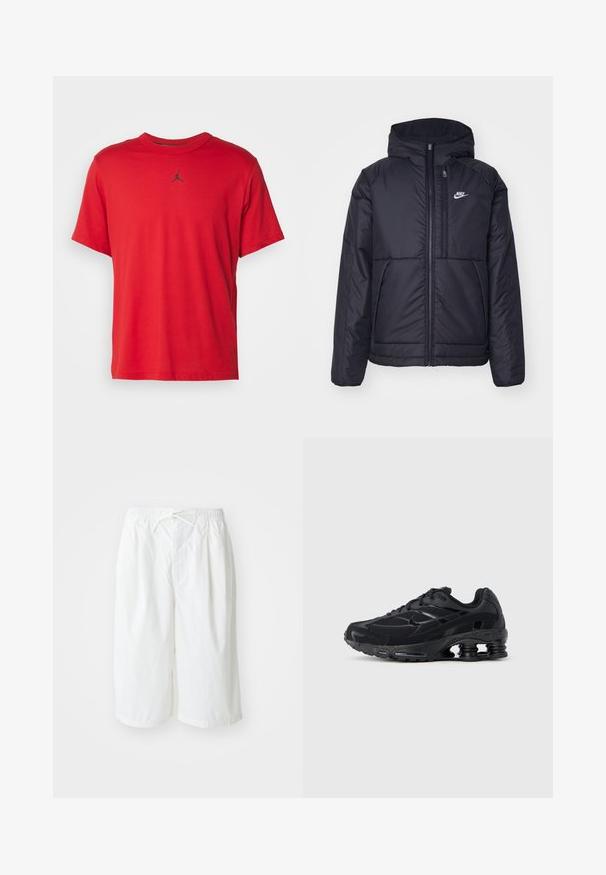 Μαύρο, επενδυμένο μπουφάν Nike με μπροστινό φερμουάρ και κουκούλα. Διαθέτει λευκό λογότυπο στο αριστερό στήθος και διπλές μπροστινές τσέπες. Λείο εξωτερικό υλικό.; Κόκκινο βαμβακερό κοντομάνικο μπλουζάκι με στρογγυλή λαιμόκοψη και μικρό μαύρο λογότυπο Jordan στο στήθος, με ευθεία γραμμή στο τελείωμα.; Λευκές σορτς με ελαστική μέση και κορδόνι, παρουσιασμένες σε απλό φωτεινό φόντο. Κατάλληλες για casual ή ζεστό καιρό.; Μαύρο αθλητικό παπούτσι με επάνω μέρος από δίχτυ, επενδυμένο κολάρο και εμφανή τεχνολογία απορρόφησης κραδασμών στη φτέρνα. Διαθέτει υφασμένα διακοσμητικά στοιχεία και κορδόνια.