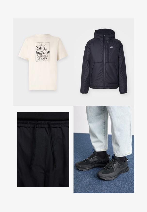 Sort, polstret Nike-jakke med frontlynlås og hætte. Har et hvidt logo på venstre bryst og to frontlommer. Glat ydre tekstur.; Creme bomulds T-shirt med korte ærmer, der har et sort grafisk tryk af fugle og figurer i et afgrænset design på forsiden.; Sorte shorts med snoretræk i taljen, letvægtsstof med en glat tekstur og et simpelt design uden synlige logoer eller mønstre.; Sorte træningssko med tekstureret stof og gummisåler, udstyret med elastiske snørebånd og en blå detalje på hælen. Bæres med lyse denimbukser.
