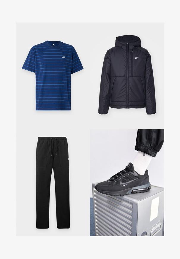 Černá zateplená bunda Nike s předním zipem a kapucí. Na levé straně hrudi má bílé logo a dvojité přední kapsy. Hladký povrch.; Námořnická modrá bavlněná tričko s tenkými vodorovnými modrými pruhy. Má kulatý výstřih a malé bílé logo Nike SB na levé straně hrudníku.; Černé teplákové kalhoty vyrobené z fleecu, s elastickým pasem a šňůrkami, dvěma předními kapsami a malým logem na stehně.; Nike Sportswear PULSE - Tenisky - black/anthracite