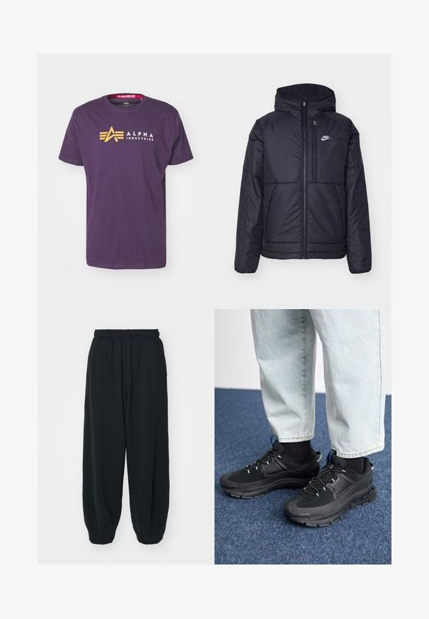 Sort, polstret Nike-jakke med frontlynlås og hætte. Har et hvidt logo på venstre bryst og to frontlommer. Glat ydre tekstur.; Lilla bomulds t-shirt med et gult "A" logo og teksten "ALPHA INDUSTRIES" i hvid. Korte ærmer og rundt halsudskæring.; Sorte svedbukser med elastisk talje, løs pasform, afsluttede ankler, glat tekstur og uden synlige mønstre eller hardware-detaljer.; Sorte træningssko med tekstureret stof og gummisåler, udstyret med elastiske snørebånd og en blå detalje på hælen. Bæres med lyse denimbukser.