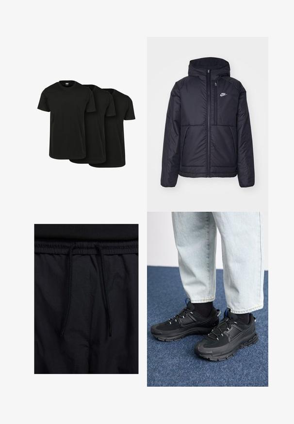 Črna, podložena Nike jakna z sprednjim zadrgo in kapuco. Ima bel logo na levem prsnem delu in dvojna sprednja žepa. Gladka zunanja tekstura.; Tri črne bombažne majice s kratkimi rokavi, okroglim ovratnikom in gladko teksturo, prikazane prekrivajoče se. Ni vidnih vzorcev ali logotipov.; Črne kratke hlače z vrvico v pasu, lahkotna tkanina z gladko teksturo in preprosto zasnovo brez vidnih logotipov ali vzorcev.; Črne športne čevlje z teksturirano tkanino in gumijastimi podplati, ki imajo elastične vezalke ter modre poudarke na peti. Nosi se z lahkimi denim hlačami.