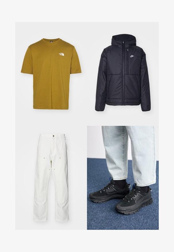 Casaco Nike preto, acolchoado, com fecho à frente e capuz. Apresenta um logo branco no lado esquerdo do peito e dois bolsos frontais. Textura exterior lisa.; The North Face MENS TEE RELAXED HALF DOME - T-shirt estampada - moss green; Calças cargo brancas em algodão com um corte descontraído. As características incluem bolsos frontais, detalhes em metal dourado e áreas de joelhos reforçadas.; Sapatilhas desportivas pretas com tecido texturizado e solas em borracha, apresentando atacadores elásticos e um detalhe azul no calcanhar. Usadas com calças de ganga claras.