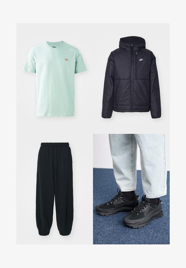 Svart, polstret Nike-jakke med frontglidelås og hette. Har en hvit logo på venstre bryst og doble frontlommer. Glatt ytterside.; Lys grønn bomulls t-skjorte med rund hals og korte ermer. Har en liten, fargerik logo på brystet.; Sorte, joggebukser med elastisk liv, løs passform, mansjetter på ankler, glatt tekstur og uten synlige mønstre eller hardware-detaljer.; Svarte sportssko med teksturert stoff og gummisåler, med elastiske lisser og en blå detalj på hælen. Brukt med lyse denimbukser.