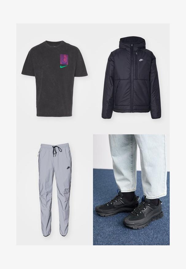 Fekete, párnázott Nike dzseki elülső cipzárral és kapucnival. A bal mellen fehér logó található, valamint két elülső zseb. Simának tűnő külső felület.; Fekete pamut póló, lila és zöld grafikával a bal mellen, kerek nyakkivágással és rövid ujjakkal.; Világosszürke melegítőnadrág sima, könnyű anyagból fekete részletekkel. Jellemzője a rugalmas derékpánt, húzózsinórral és oldalsó zsebekkel.; Fekete sportcipők texturált anyaggal és gumitalppal, elasztikus fűzőkkel és kék kiegészítővel a saroknál. Világos farmernadrággal viselve.