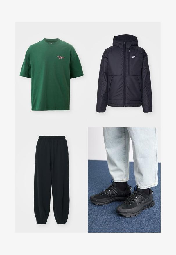 Veste Nike noire rembourrée avec une fermeture éclair sur le devant et une capuche. Elle présente un logo blanc sur la poitrine gauche et deux poches avant. Texture extérieure lisse.; T-shirt vert à manches courtes en coton. Présente un col rond et un petit logo "Carhartt WIP" rose sur la poitrine gauche.; Pantalons de survêtement noirs avec taille élastiquée, coupe ample, chevilles côtelées, texture lisse et sans motifs ni accents matériels visibles.; Des chaussures de sport noires avec un tissu texturé et des semelles en caoutchouc, dotées de lacets élastiques et d'un accent bleu au talon. Portées avec un pantalon en denim clair.