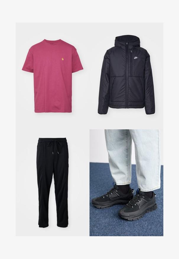Must musta Nike jope, millel on ees lukuga avamine ja kapuuts. Vasakpoolne rind on kaunistatud valge logoga ning ees on kaks taskut. Sile välimine tekstuur.; Carhartt WIP CHASE - Lihtne T-särk - dusty fuchsia/gold; Mustad nööridega vööga igapäevased mustad püksid, külgseamipocketid ja sirge sääre lõikega, ühtlasel taustal.; Mustad mustad jooksukingad, millel on tekstureeritud kangas ja kummist tallad, elastsed nöörid ning sinine aksent kandadel. Kandmine heledate teksadega.