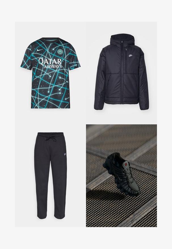 Chaqueta acolchada negra de Nike con cremallera frontal y capucha. Presenta un logo blanco en el lado izquierdo del pecho y dos bolsillos frontales. Textura exterior suave.; Camiseta deportiva negra con un patrón abstracto azul. Presenta un cuello redondo y mangas cortas. Incluye el logo de "Qatar Airways" y un emblema circular.; Pantalones de chándal negros hechos de una tela suave, con cintura elástica, cordón y un pequeño logo de Nike en el muslo izquierdo.; Zapatilla deportiva negra con parte superior de malla, detalles texturizados y suela curva distintiva. Cuenta con un sistema de cordones y logo en la lengua.