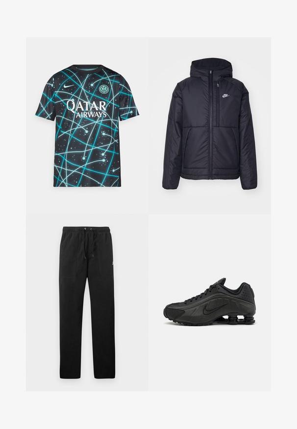 Zwarte, gewatteerde Nike-jas met een voorkant met ritssluiting en capuchon. Kenmerkt zich door een wit logo op de linkerborst en dubbele frontzakken. Gladde buitenkant.; Zwarte sporttrui met een blauw abstract patroon. Beschikt over een ronde halslijn en korte mouwen. Inclusief het logo van "Qatar Airways" en een cirkelvormig embleem.; Zwarte sweatpants van fleece, met een elastische tailleband met trekkoorden, twee voorzakken en een klein logo op de dij.; Zwarte hardloopschoenen met een glad bovenwerk van synthetisch materiaal, geperforeerde accenten, gestructureerde zijpanelen en een opvallende veerkrachtige zool.