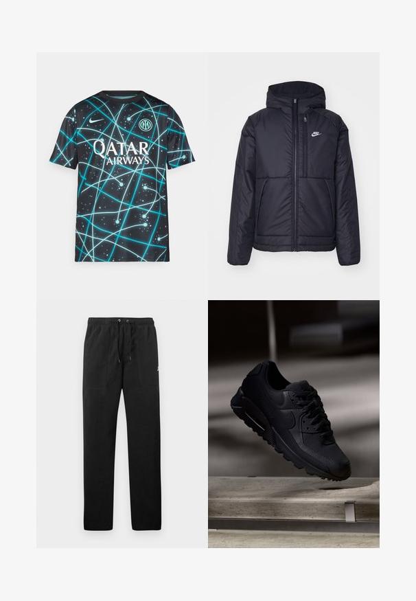 Black, padded Nike jacket with a front zipper and hood. Features a white logo on the left chest and dual front pockets. Smooth exterior texture.; Black sports jersey with a blue abstract pattern. Features a round neckline and short sleeves. Includes "Qatar Airways" logo and a circular emblem.; Black sweatpants made of fleece, featuring an elastic waistband with drawstrings, two front pockets, and a small logo on the thigh.; Black Nike Air Max 90 sneaker featuring a textured mesh upper, smooth leather accents, padded collar, and visible air cushioning in the sole.