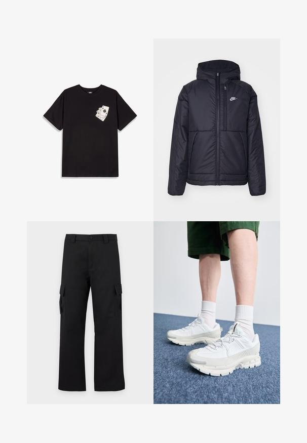Chaqueta acolchada negra de Nike con cremallera frontal y capucha. Presenta un logo blanco en el lado izquierdo del pecho y dos bolsillos frontales. Textura exterior suave.; Camiseta de algodón negra con mangas cortas, que presenta un gráfico de tres cartas jugando impreso en la parte izquierda del pecho.; Pantalones cargo negros con un diseño de pierna recta. Fabricados con un tejido duradero, cuentan con dos bolsillos laterales con cierres de solapa y una cremallera de botón.; Zapatillas deportivas blancas con superposiciones texturizadas, una suela gruesa y acentos grises. Llevadas con calcetines blancos hasta la pantorrilla y pantalones cortos verdes sobre una superficie azul.