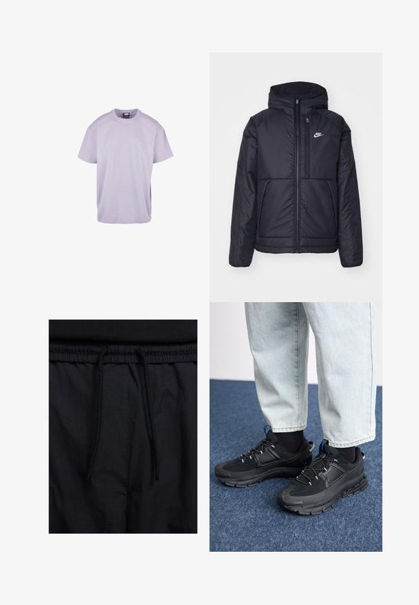 Črna, podložena Nike jakna z sprednjim zadrgo in kapuco. Ima bel logo na levem prsnem delu in dvojna sprednja žepa. Gladka zunanja tekstura.; Lila bomba majica s kratkimi rokavi, okrogel izrez in sproščen kroj. Ima preprost dizajn, gladko teksturo in enotno barvo.; Črne kratke hlače z vrvico v pasu, lahkotna tkanina z gladko teksturo in preprosto zasnovo brez vidnih logotipov ali vzorcev.; Črne športne čevlje z teksturirano tkanino in gumijastimi podplati, ki imajo elastične vezalke ter modre poudarke na peti. Nosi se z lahkimi denim hlačami.