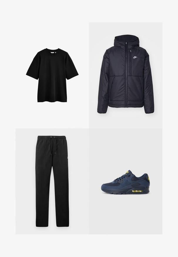 Schwarze, gepolsterte Nike-Jacke mit Frontreißverschluss und Kapuze. Hat ein weißes Logo auf der linken Brust und zwei Fronttaschen. Glattes äußeres Material.; Schwarzes Baumwoll-T-Shirt mit kurzen Ärmeln, lockerer Passform, Rundhalsausschnitt und glatter Textur. Minimalistisches Design ohne Muster oder Verzierungen.; Schwarze Sweatpants aus Fleece, mit einem elastischen Bund mit Kordelzug, zwei Fronttaschen und einem kleinen Logo auf dem Oberschenkel.; Dunkelblaue Nike Air Max Sneaker mit Obermaterial aus Wildleder und Mesh, ausgestattet mit gelben Akzenten, Schnürung vorne und sichtbarer Luftpolsterung in der Sohle.