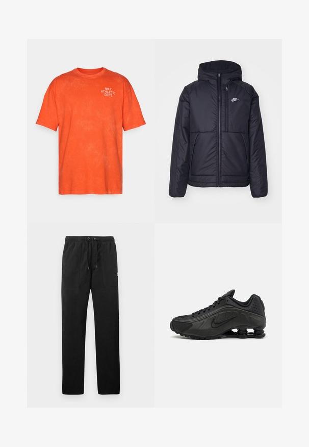 Casaco Nike preto, acolchoado, com fecho à frente e capuz. Apresenta um logo branco no lado esquerdo do peito e dois bolsos frontais. Textura exterior lisa.; T-shirt de algodão laranja com um corte descontraído, apresentando uma impressão branca "NIKE ATHLETIC DEPT." no lado superior esquerdo. Textura suave.; Calças de fato de treino pretas feitas de polar, com uma cintura elástica e cordões, dois bolsos frontais e um pequeno logótipo na coxa.; Ténis de corrida pretos com um upper sintético suave, acentos perfurados, painéis laterais texturizados e uma sola distinta e elástica.