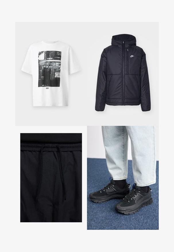 Black, padded Nike jacket with a front zipper and hood. Features a white logo on the left chest and dual front pockets. Smooth exterior texture.; White cotton t-shirt with a black-and-white photo print of four figures on a bus, featuring text and graphics related to a theater and bus route.; Black shorts featuring a drawstring waistband, lightweight fabric with a smooth texture, and a simple design without visible logos or patterns.; Black athletic shoes with textured fabric and rubber soles, featuring elastic laces and a blue accent on the heel. Worn with light denim pants.