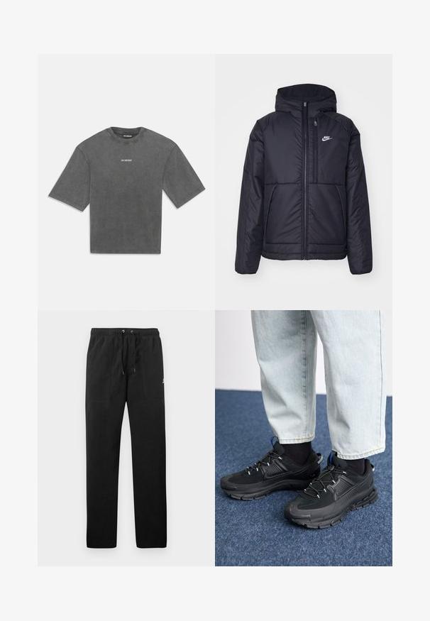 Juodas, paminkštintas Nike džemperis su priekyje užtrauktuku ir gobtuvu. Pasižymi balta logo kairėje krūtinės pusėje ir dviem priekinėmis kišenėmis. Su lygiu išoriniu paviršiumi.; Anglies pilkos spalvos per didelis trumpomis rankovėmis marškinėliai su mažu baltu "HAN KJØBENHAVN" logotipu, centruotu krūtinėje.; Juodos vilnonės kelnės su elastiniu juosmeniu ir raišteliais, dviem priekinėmis kišenėmis ir maža slogo ant šlaunies.; Juodi sportiniai bateliai su tekstūruota medžiaga ir guminiais padais, su elastingomis raišteliais ir mėlynu akcentu ant kulno. Dėvimi su šviesiai mėlynomis džinsinėmis kelnėmis.