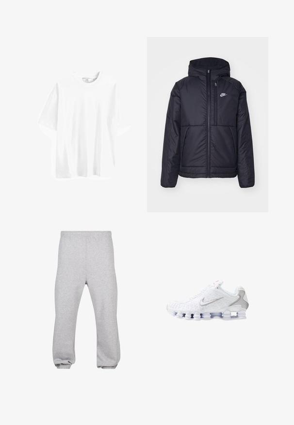 Giacca Nike nera, imbottita, con zip frontale e cappuccio. Presenta un logo bianco sul lato sinistro del petto e doppie tasche frontali. Texture esterna liscia.; T-shirt bianco in cotone a maniche corte, con colletto rotondo, vestibilità comoda e texture liscia. Nessun motivo o dettaglio visibile.; Pantaloni della tuta grigi realizzati in misto cotone, dotati di una vita elasticizzata, gambe affusolate e orli a costine. Design semplice senza motivi.; Scarpe da ginnastica bianche con tomaia testurizzata, logo a forma di swoosh argentato, pannelli in mesh e suola bianca segmentata distintiva.