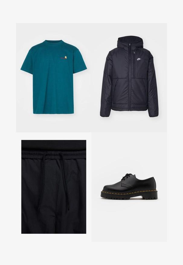 Must musta Nike jope, millel on ees lukuga avamine ja kapuuts. Vasakpoolne rind on kaunistatud valge logoga ning ees on kaks taskut. Sile välimine tekstuur.; Teal värvi puuvillane T-särk, millel on ümmargune kaelus. Vasakul rinnal on väike oranž ja punane logo. Lühikesed varrukad ja mugav lõige.; Mustad lühikesed püksid, millel on paelaga vöökoht, kerge kangas, mis on sileda tekstuuriga ning lihtne disain ilma nähtavate logode või mustriteta.; Must musta lesti kingad ümarate varvastega, tekstureeritud kummitald ja kollane õmblus aluse ääres. Lame disain ja sile viimistlus.