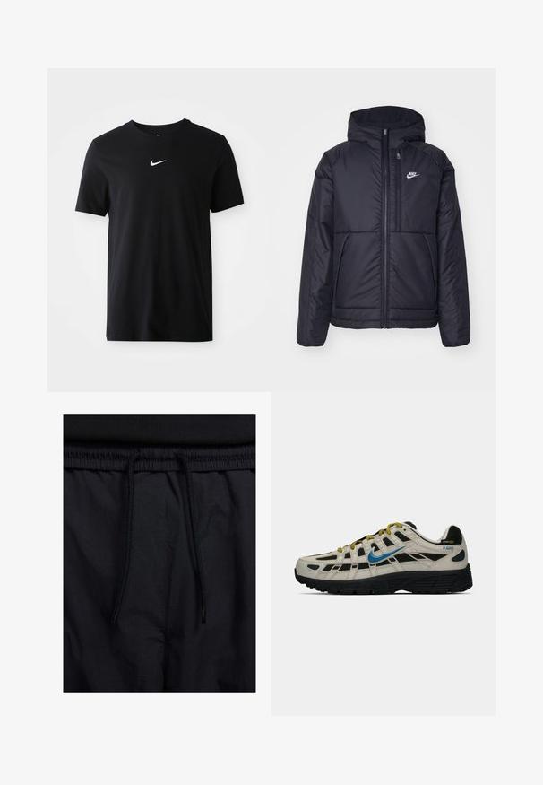Μαύρο, επενδυμένο μπουφάν Nike με μπροστινό φερμουάρ και κουκούλα. Διαθέτει λευκό λογότυπο στο αριστερό στήθος και διπλές μπροστινές τσέπες. Λείο εξωτερικό υλικό.; Μαύρο βαμβακερό τ-shirt με κοντά μανίκια, στρογγυλή λαιμόκοψη και μικρό λογότυπο Nike σε λευκό στο στήθος. Λείο υλικό και κλασική εφαρμογή.; Μαύρο σορτσάκι με ζωνάκι που ρυθμίζεται, ελαφρύ ύφασμα με απλή υφή και απλό σχέδιο χωρίς ορατά λογότυπα ή μοτίβα.; Μπεζ και μαύρα sneakers Nike P-6000 με μπλέ σουέτ, κίτρινες κορδόνες, μαύρη σόλα και ετικέτα από ύφασμα Cordura στην φτέρνα.