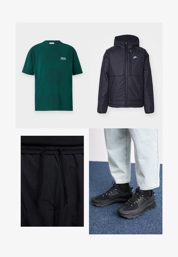 Černá zateplená bunda Nike s předním zipem a kapucí. Na levé straně hrudi má bílé logo a dvojité přední kapsy. Hladký povrch.; Tmavě zelené bavlněné tričko s kulatým výstřihem a krátkým rukávem. Na levé části hrudi se nachází bílý nápis "the new originals".; Černé šortky s páskem na šňůrku, lehký materiál s hladkou texturou a jednoduchý design bez viditelných log nebo vzorů.; Černé sportovní boty s texturovanou tkaninou a gumovou podrážkou, s elastickými tkaničkami a modrým akcentem na patě. Nosí se s světlými džíny.