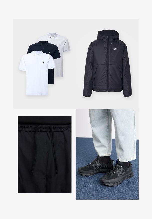 Svart, vadderad Nike-jacka med dragkedja framtill och huva. Har en vit logotyp på vänster bröst och dubbla framfickor. Slät yttextur.; Abercrombie & Fitch 3 PACK - Piké - navy/grey/white; Svarta shorts med dragsko i midjan, lättviktig tyg med en slät yta och en enkel design utan synliga logotyper eller mönster.; Svarta sportskor med texturerat tyg och gummisulor, med elastiska snörningar och en blå detalj på hälen. Bärs med ljusa jeans.